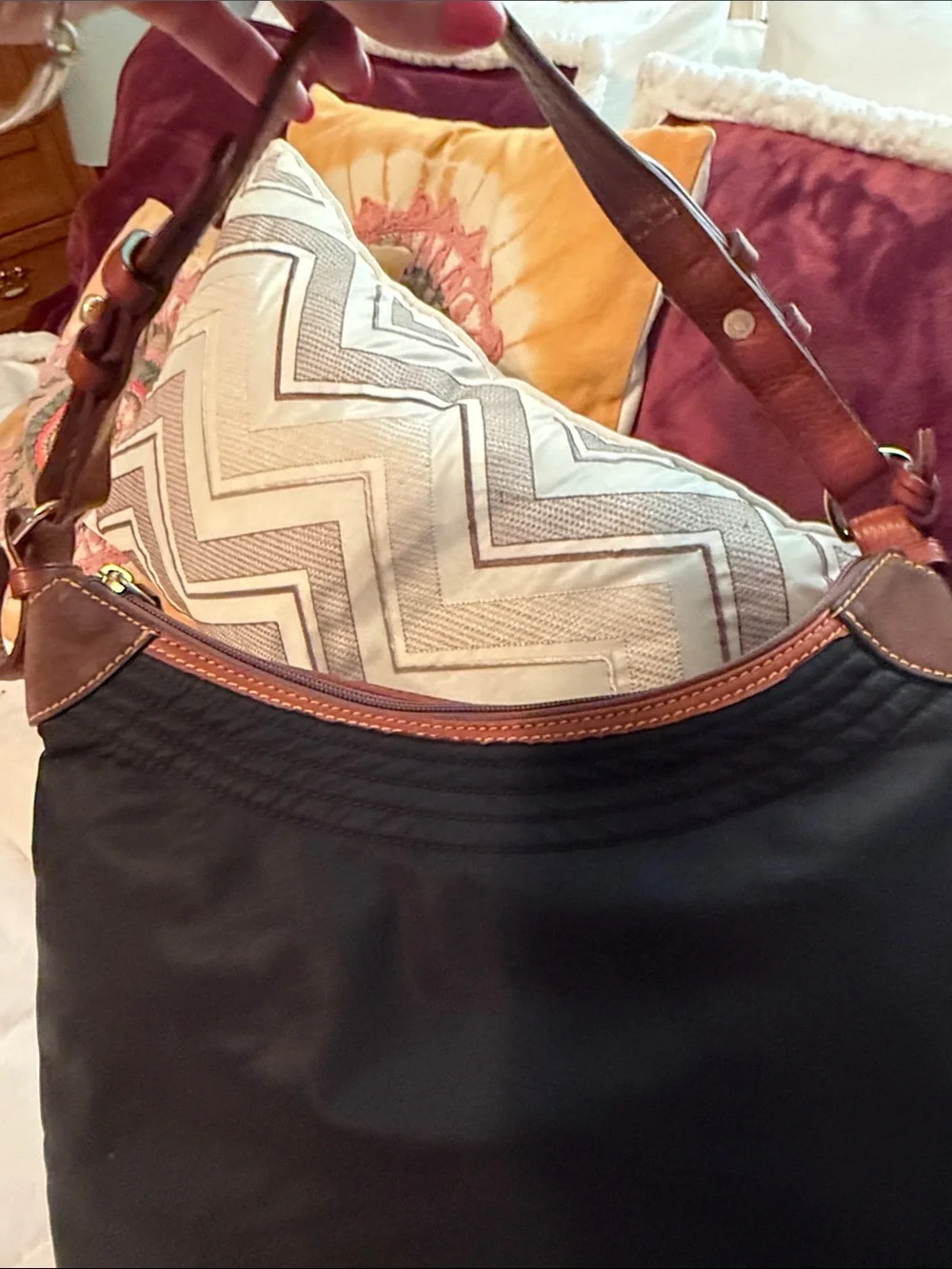 Dooney & Bourke large Erika black nylon quilted shoulder bag with tan leather